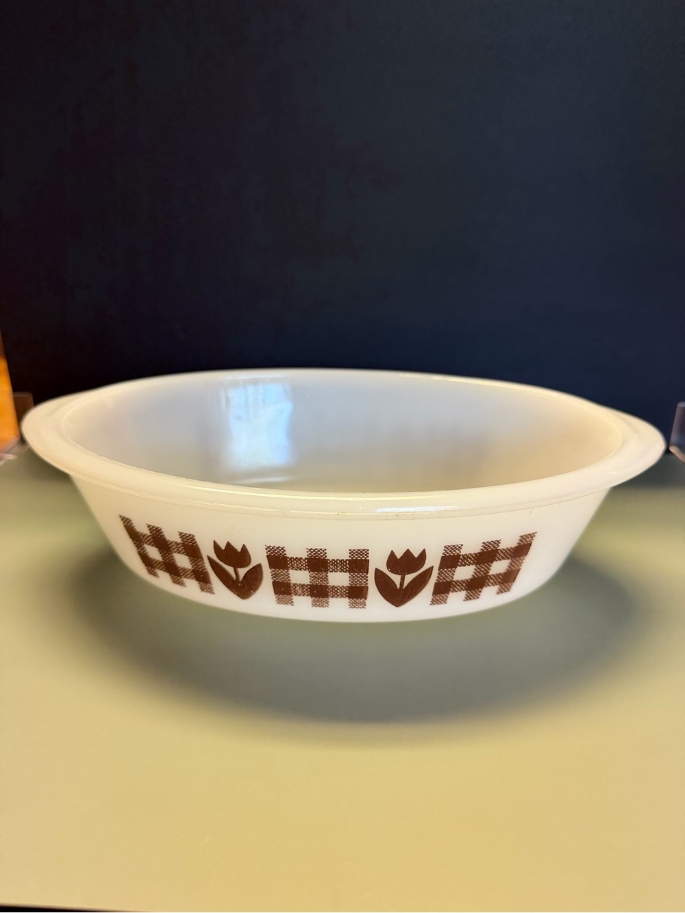 Vintage Glasbake White Glass Serving Bowl with Brown Tulip Pattern - 1 Quart